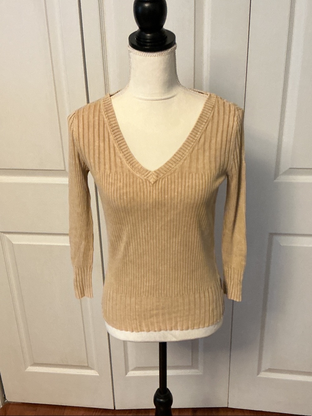 Calvin Klein Jeans Ribbed V-Neck Sweater in Tan